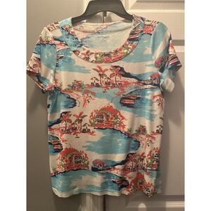 Kim Rogers Petite PL Scenic Knit Grommet Round Neck Short Sleeve Top Multicolor